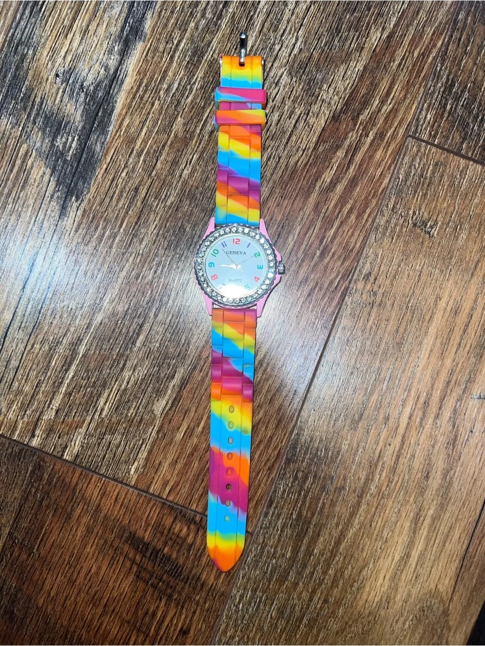 Geneva Multicolor Silicone Strap Watch with Pink Case and Crystal Bezel